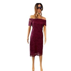 Women Lace Dress Maroon Burgundy 1X Midi On Off Shoulders Lined Flower.